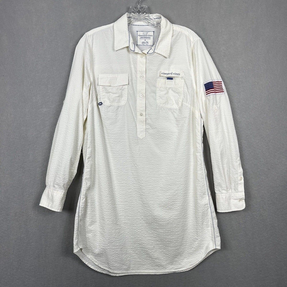 Vineyard Vines Harbor Shirt Cover Up Sz 6 Ivory Seersucker US Flag Patch